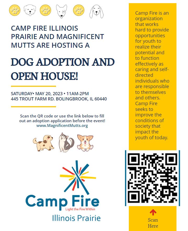 Camp Fire Illinois and Magnificent Mutts are hosting an open house and dog adoption event at Camp Kata Kani in Bolingbrook IL